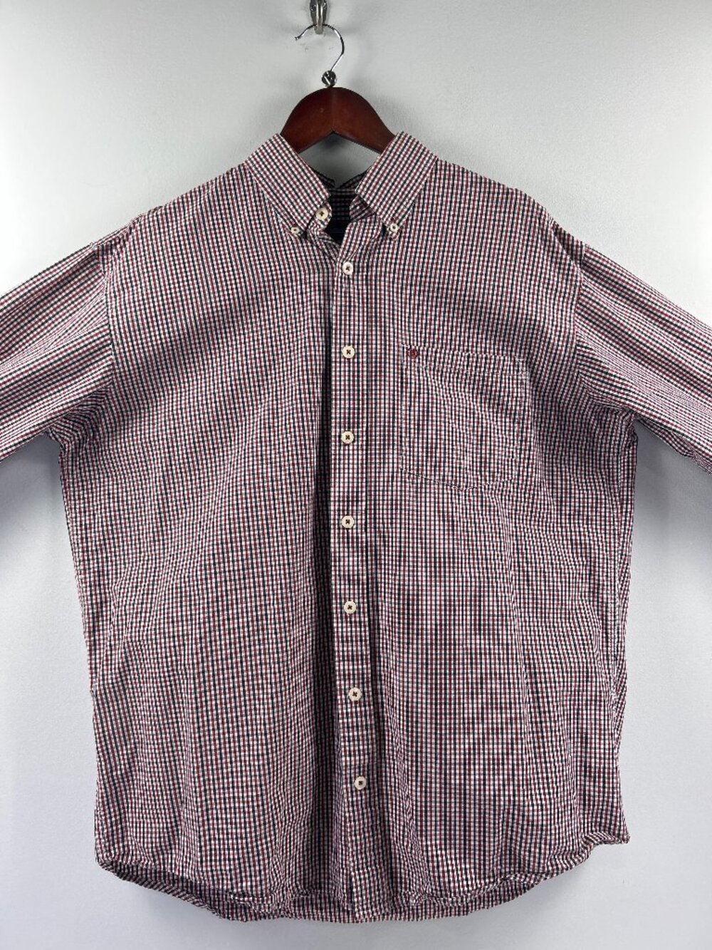 Izod Men's LT Red Navy Gingham Check Long Sleeve Button Down Shirt